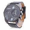 Men's Dual Time Zone Round Dial Quartz Analog Wrist Watch with Black Leather Band OEM MMMDTZRDQAWWBLB